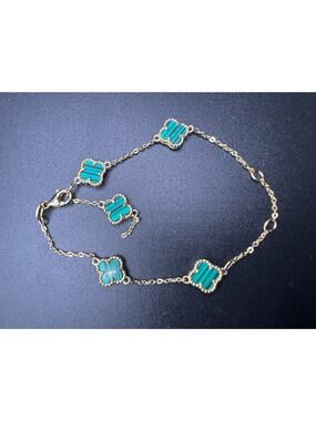 Green Malachite Clover Gold Over 925 Sterling Silver Bracelet SZ 6 3/4"